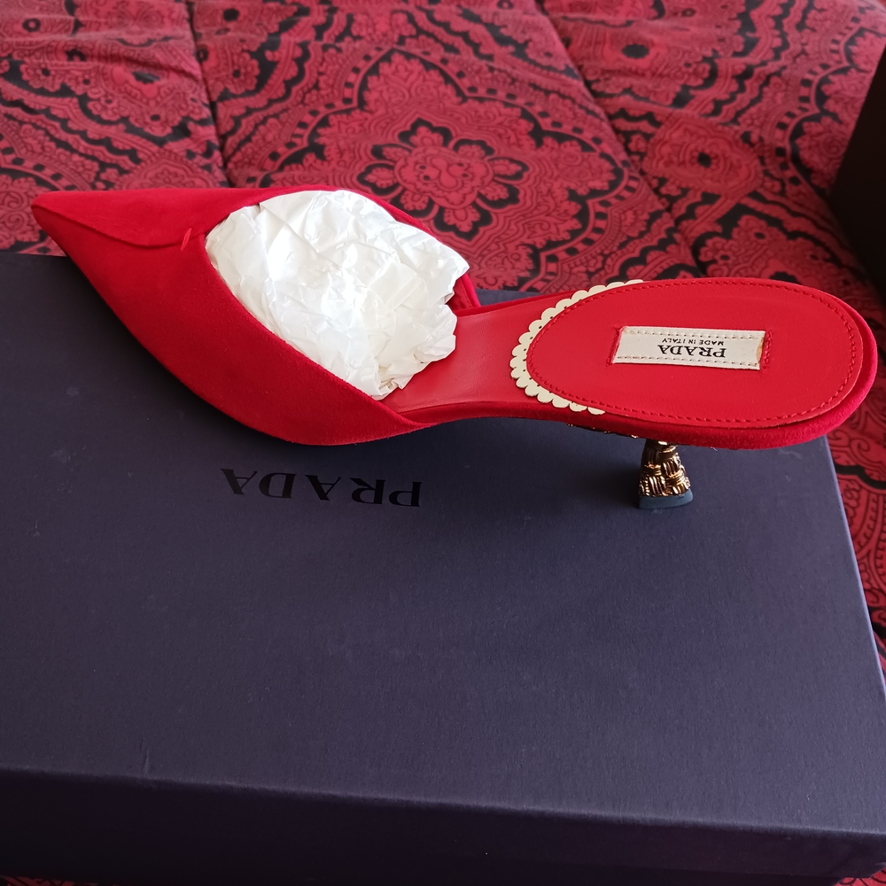 Prada Red Suede Gold Kitten Heeled Mules
